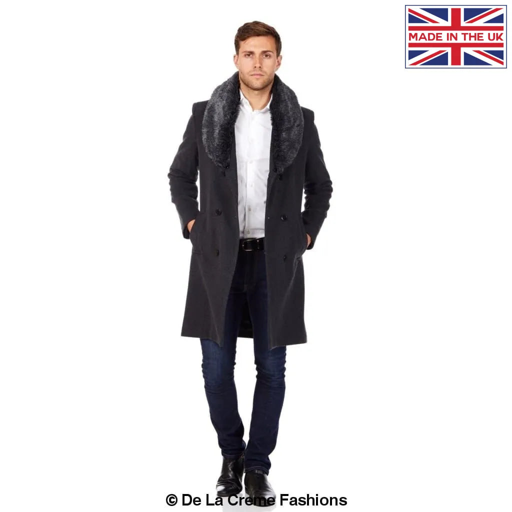 De La Creme MAN - Wool Mix Overcoat With Faux Fur Collar