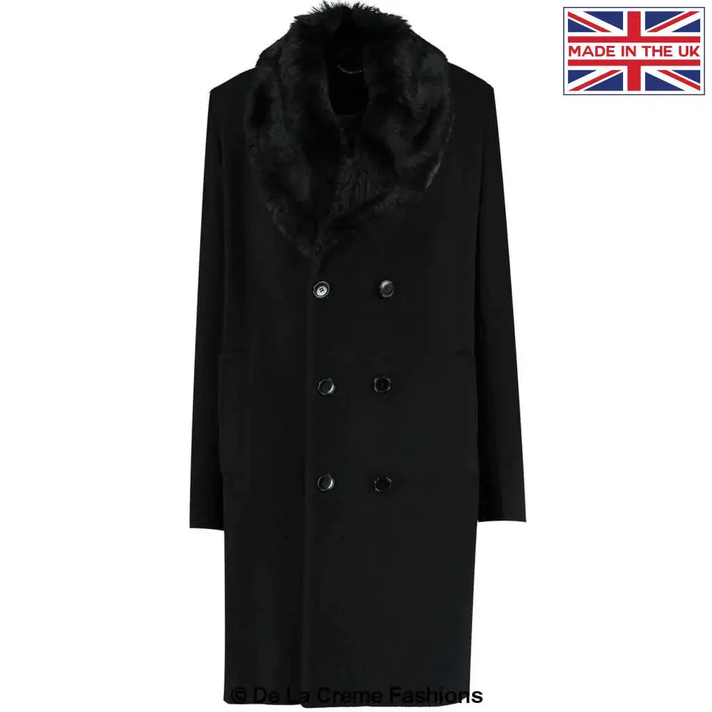 De La Creme MAN Mens Wool Mix Overcoat With Faux Fur Collar