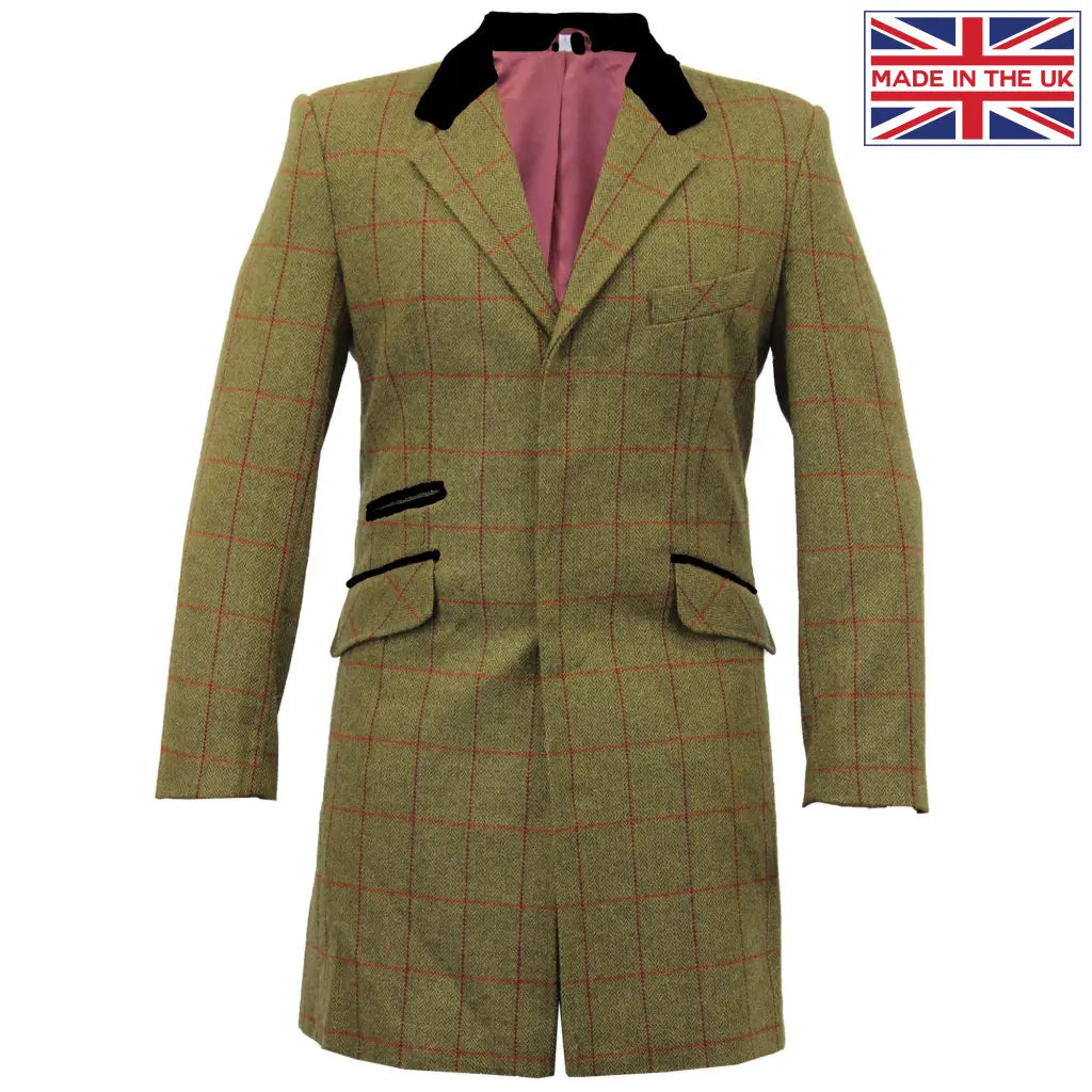 De La Creme Man - Mens Check Design Crombie Coat Olive / S