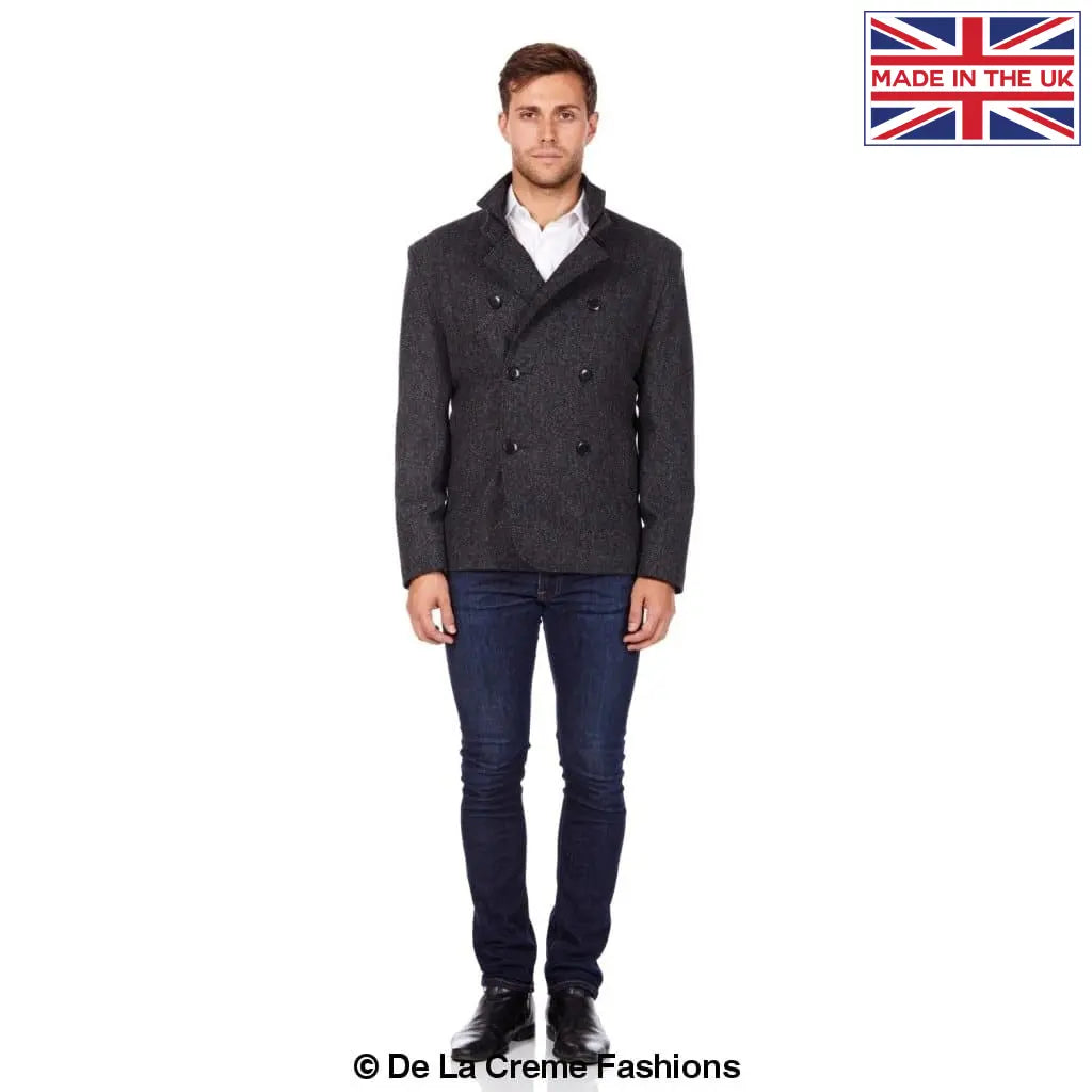 De La Creme MAN - Herringbone Tweed Blend Short Reefer Coat