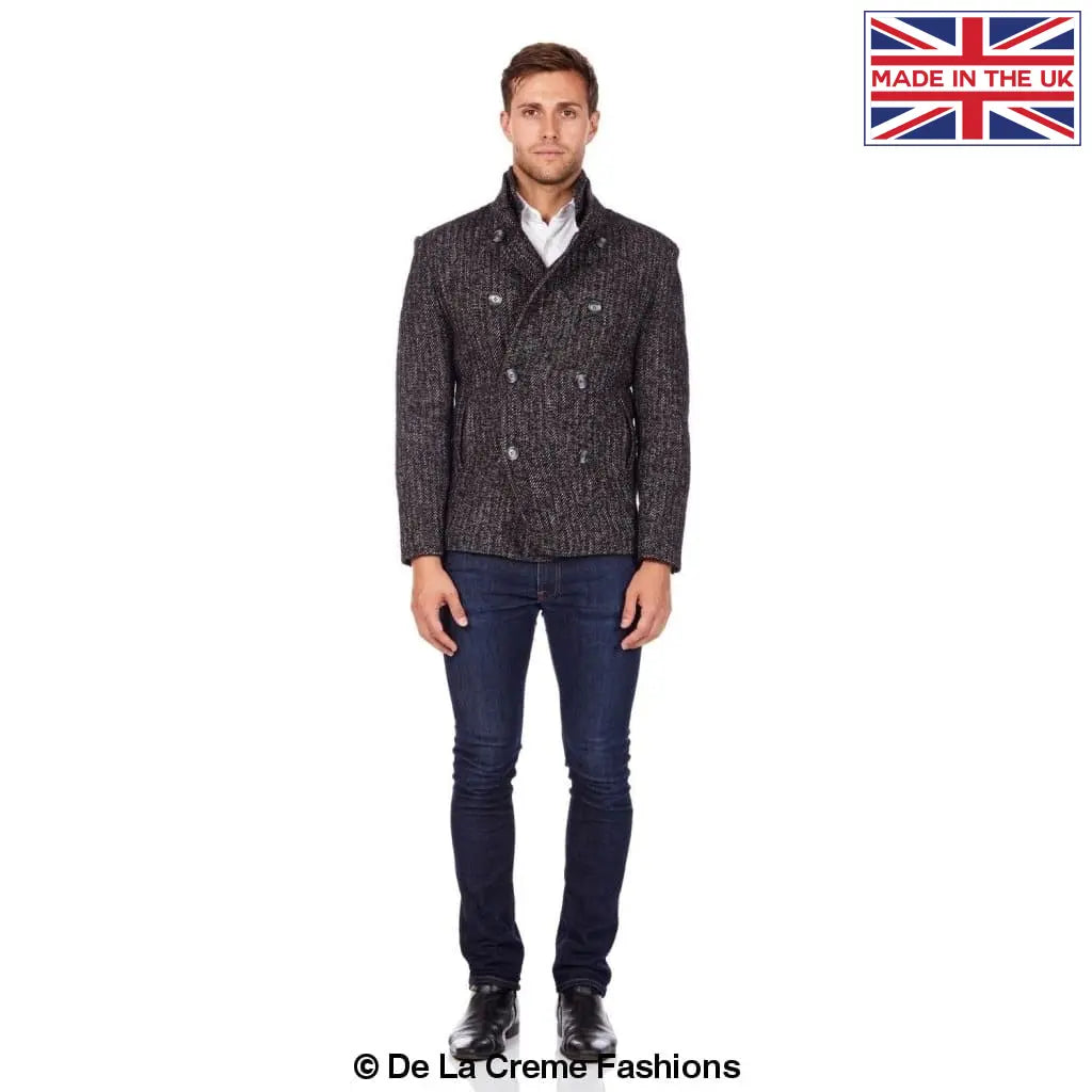 De La Creme MAN - Herringbone Tweed Blend Short Reefer Coat