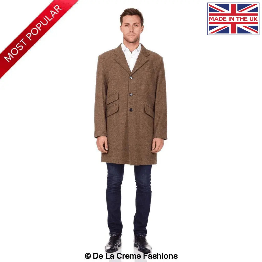 De La Creme MAN - Mens Wool Blend Herringbone Design Crombie Coat