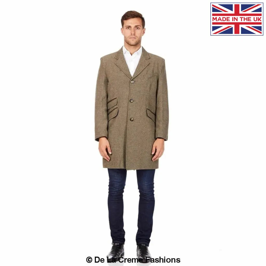 De La Creme MAN - Mens Wool Blend Herringbone Design Crombie Coat