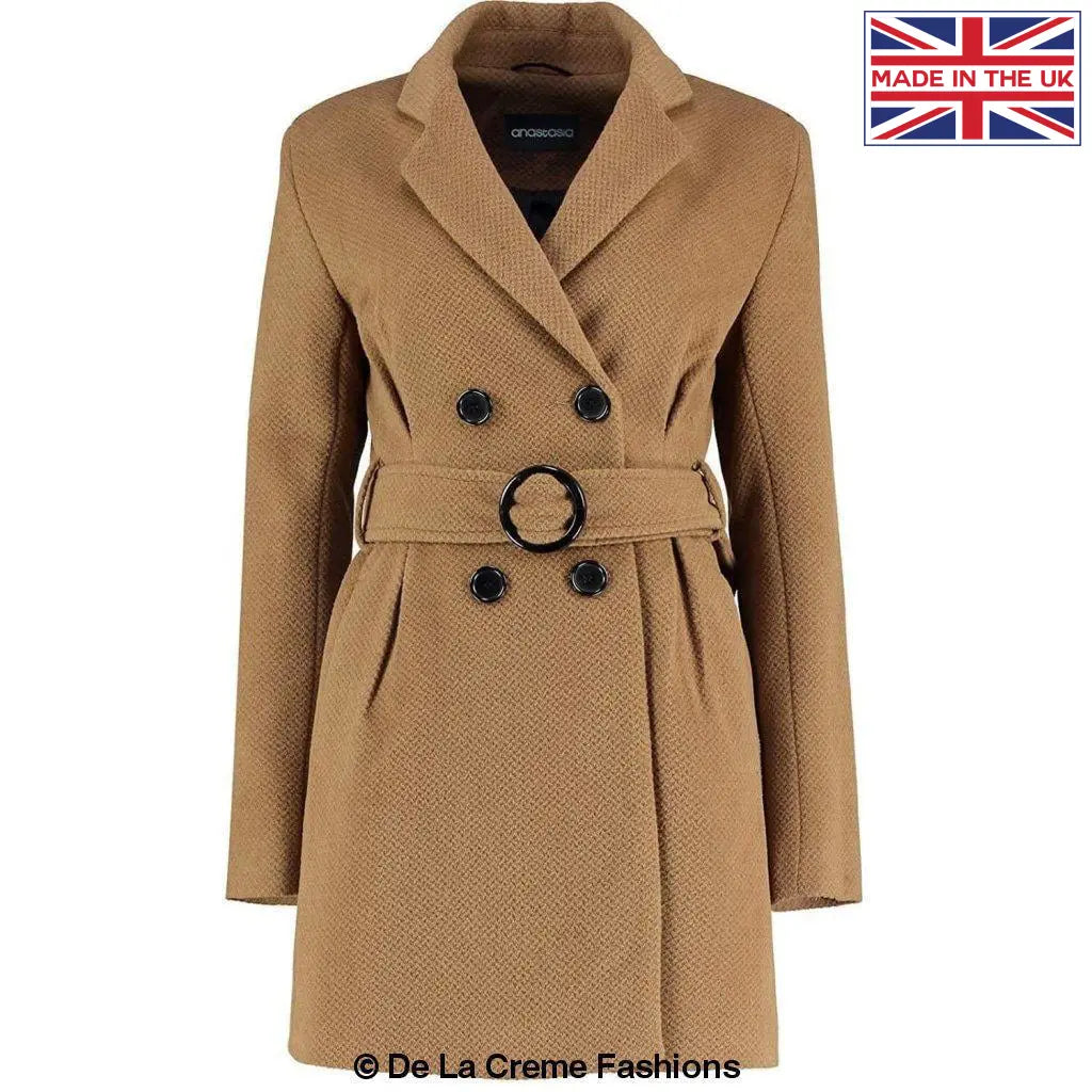 De La Creme - Womens Camel Textured Short Belted Coat