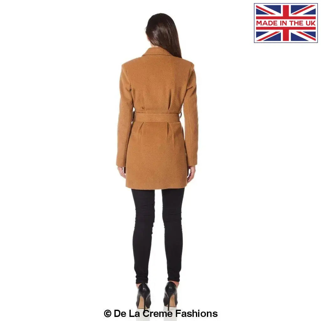 De La Creme Womens Camel Textured Short Belted Coat
