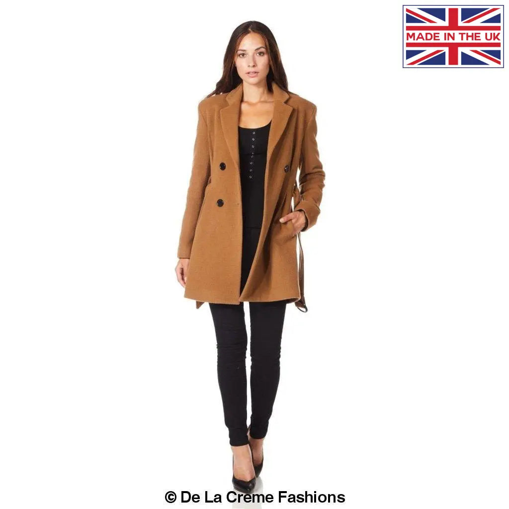 De La Creme - Womens Camel Textured Short Belted Coat