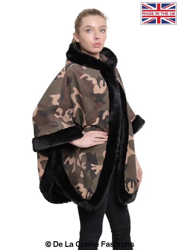 De La Creme - Women's Camo Print Fur Trim Hooded Cape