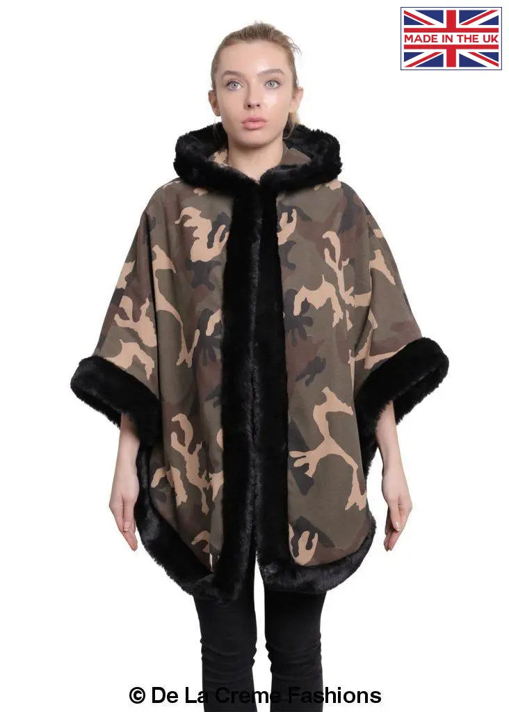 De La Creme - Women's Camo Print Fur Trim Hooded Cape