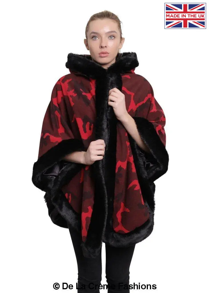 De La Creme - Women's Camo Print Fur Trim Hooded Cape