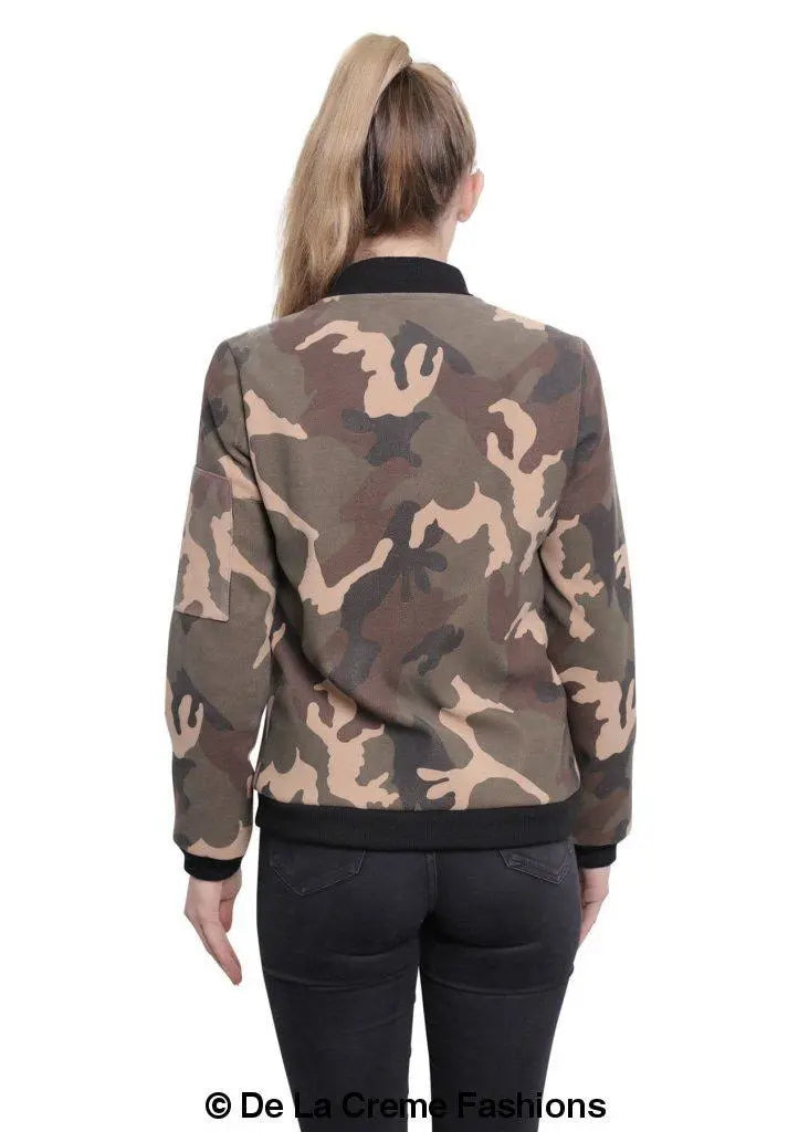 De La Creme - Womens Camo Zip-Thru Varsity Bomber Jacket