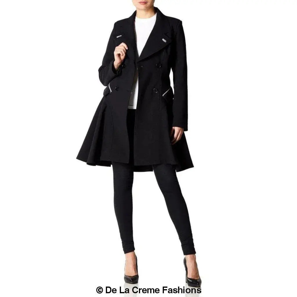 De La Creme - Womens Dogtooth Trim Double Breasted Flarey Mac Coat
