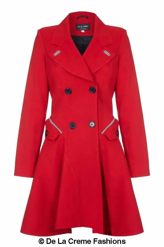 De La Creme - Womens Dogtooth Trim Double Breasted Flarey Mac Coat
