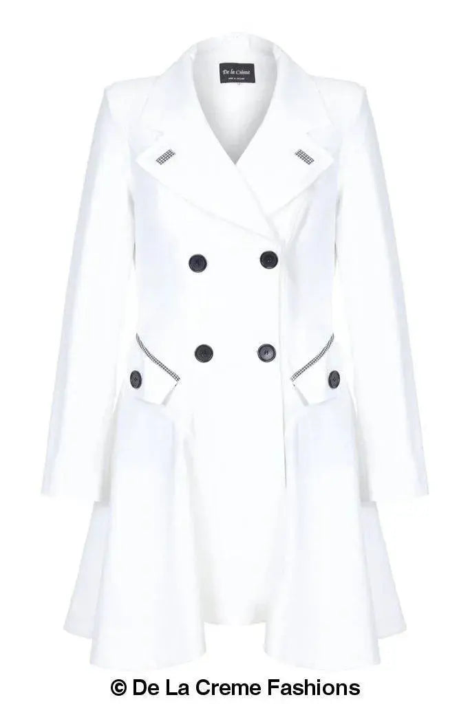 De La Creme - Womens Dogtooth Trim Double Breasted Flarey Mac Coat