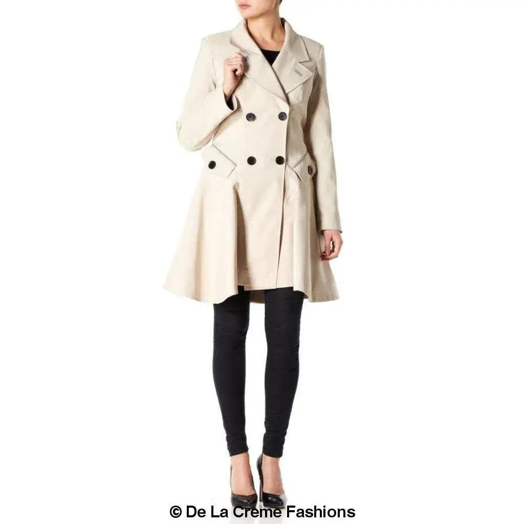De La Creme - Womens Dogtooth Trim Double Breasted Flarey Mac Coat