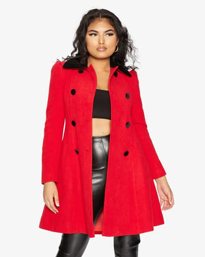 Kate Double Breasted Fit And Flare Velvet Trim Skater Coat