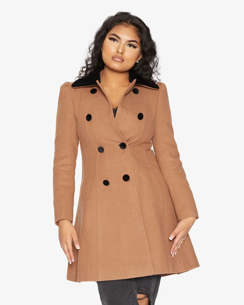 Kate Double Breasted Fit And Flare Velvet Trim Skater Coat