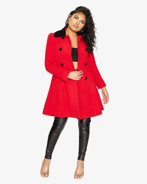 Kate Double Breasted Fit And Flare Velvet Trim Skater Coat