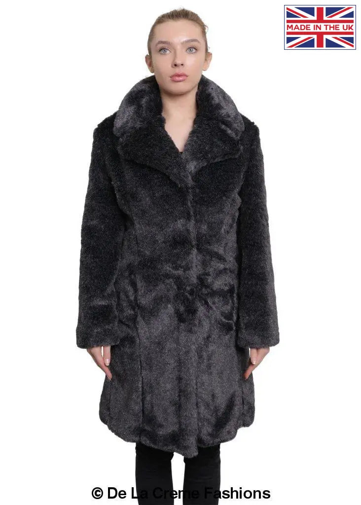 De La Creme - Womens Faux Fur Large Lapel Mid Length Coat