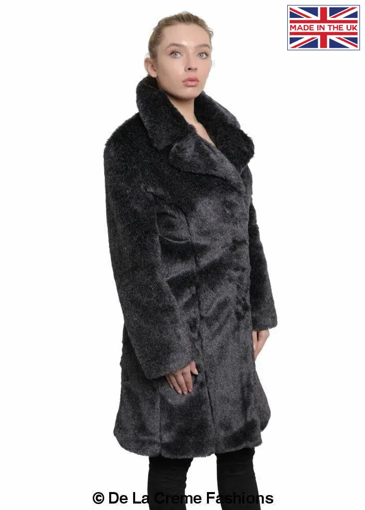 De La Creme - Womens Faux Fur Large Lapel Mid Length Coat