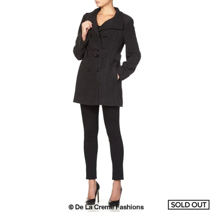 De La Creme - Women's Military Style Herringbone Wool Belted Coat