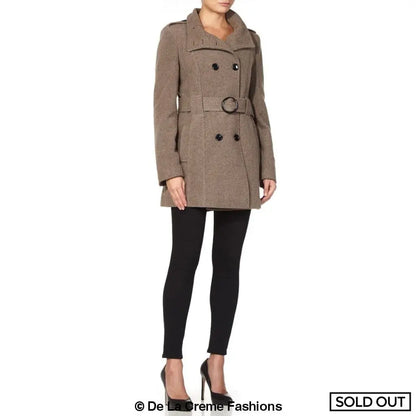 De La Creme - Women's Military Style Herringbone Wool Belted Coat