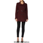 De La Creme - Women's Military Style Herringbone Wool Belted Coat