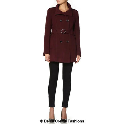 De La Creme - Women's Military Style Herringbone Wool Belted Coat
