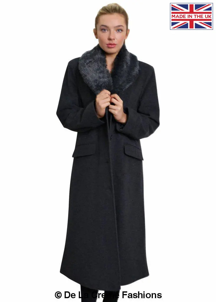 De La Creme - Womens Oversized Faux Fur Collar Long Coat