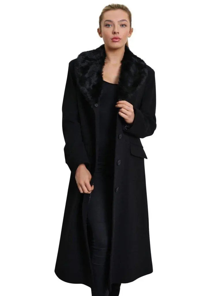 De La Creme - Womens Oversized Faux Fur Collar Long Coat