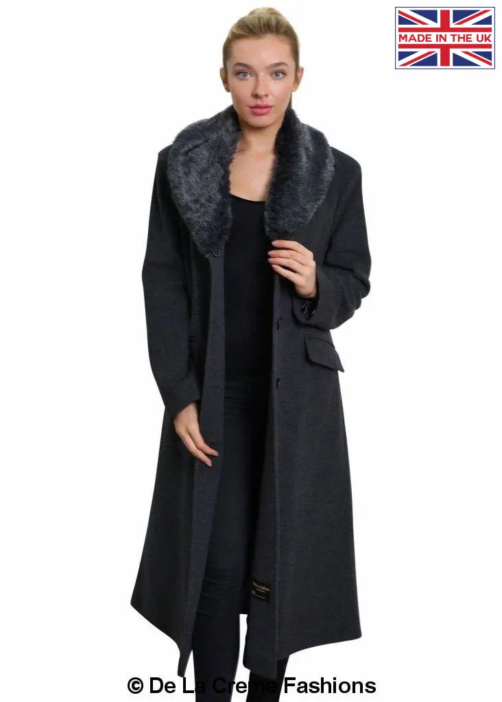 De La Creme - Womens Oversized Faux Fur Collar Long Coat