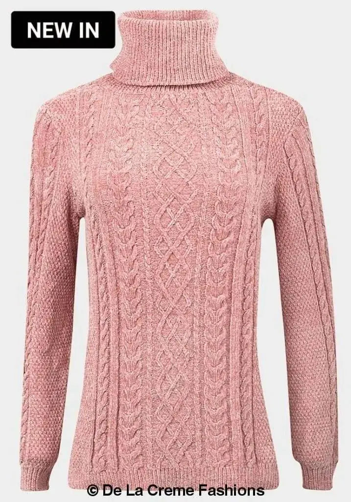 De La Creme Maglione da donna in ciniglia rosa con collo alto