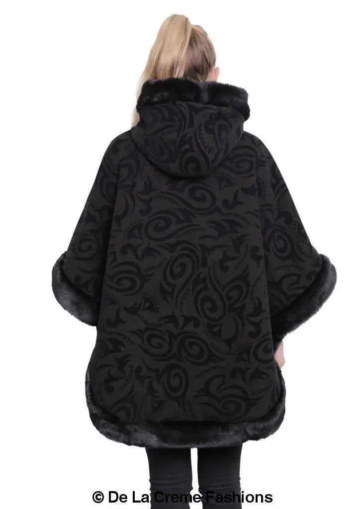 De La Creme - Women's Tribal Print Fur Lined Hooded Cape