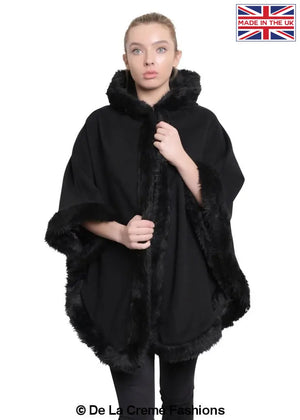 De La Creme - Womens Wool & Cashmere Blend Fur Lined Hooded Cape