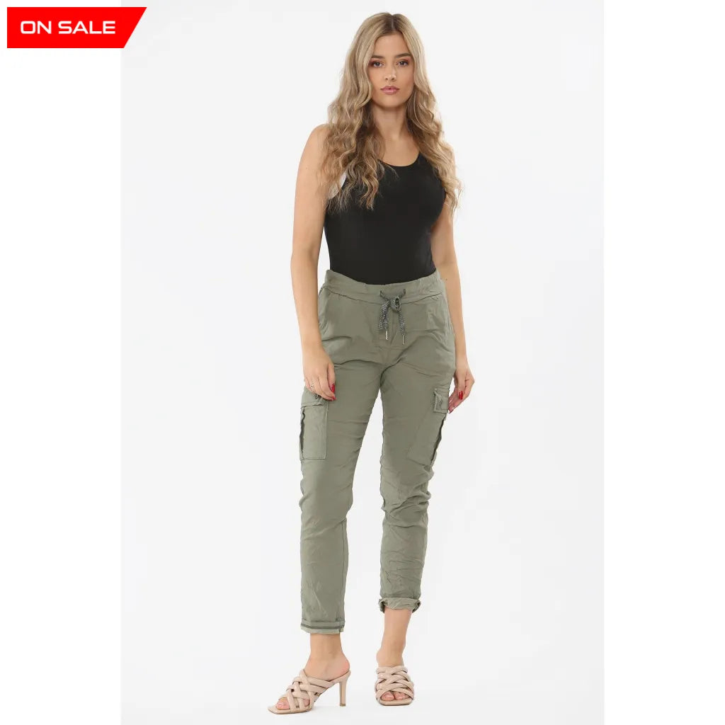 Flap Pocket Detail Magic Cargo Trousers Khaki / One Size (Fits Uk 8-14) Leggings