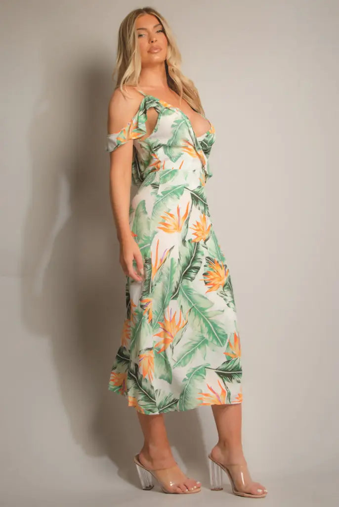 Green Tropical Print Wrap Frill Midi Dress