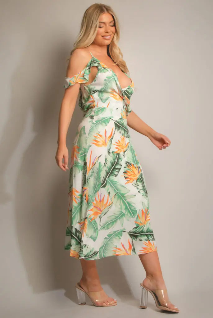 Green Tropical Print Wrap Frill Midi Dress