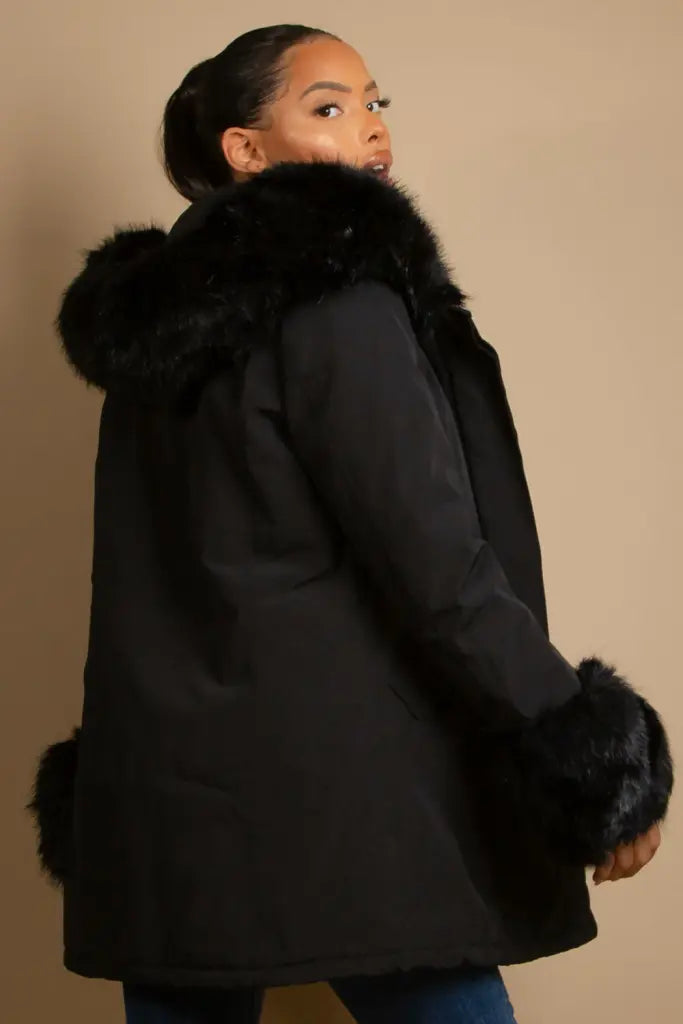 Hooded Parka Coat With Chunky Faux Fur Cuff Coats & Jackets