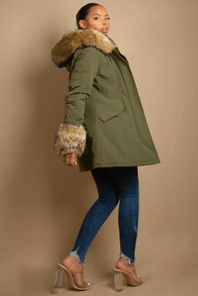 Hooded Parka Coat With Chunky Faux Fur Cuff Coats & Jackets