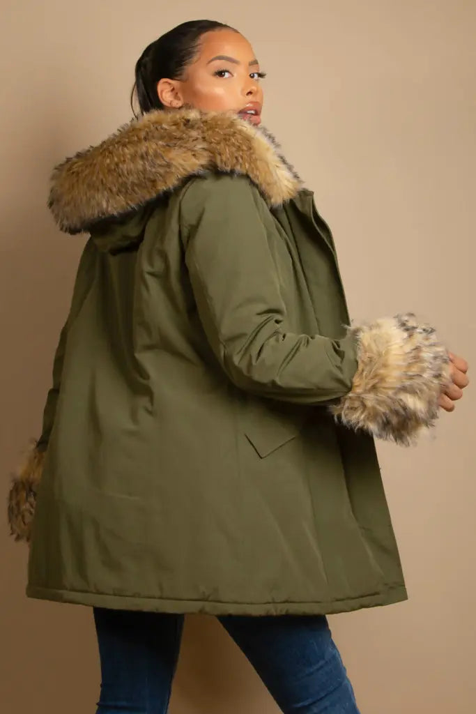 Hooded Parka Coat With Chunky Faux Fur Cuff Coats & Jackets