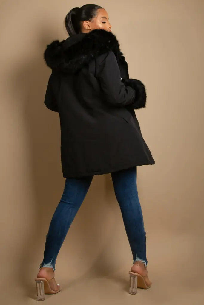 Hooded Parka Coat With Chunky Faux Fur Cuff Coats & Jackets