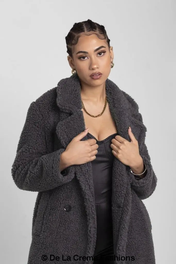 Jackie Double Breasted Borg Teddy Midi Coat