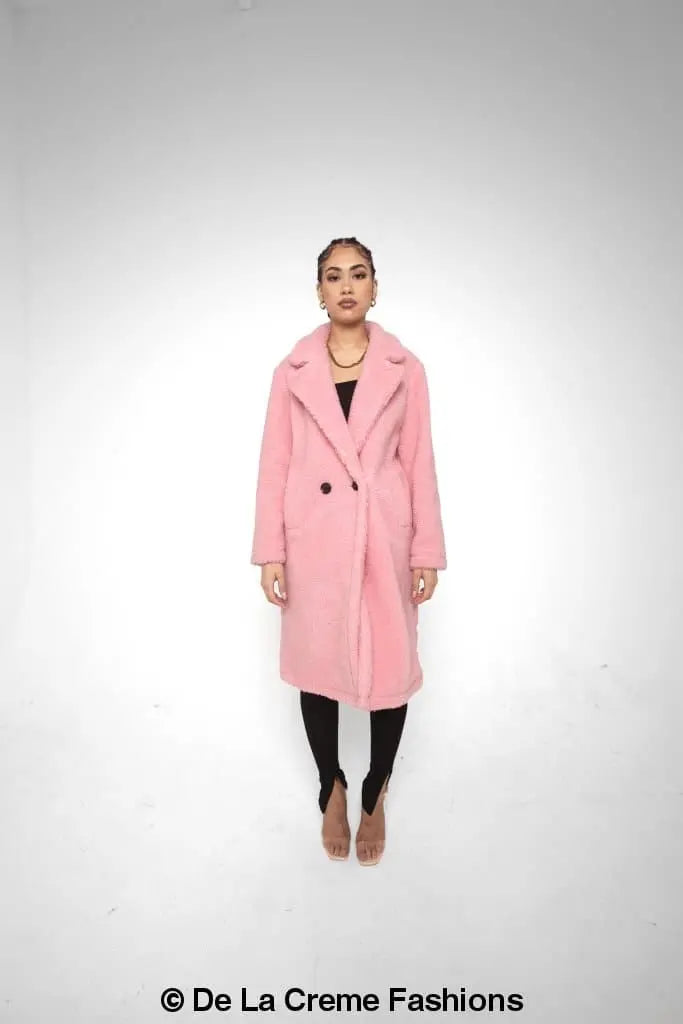 Jackie Double Breasted Borg Teddy Midi Coat