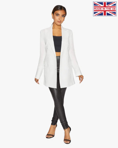 De La Creme Womens Double Breasted Longline Blazer White / Uk 8/eu 36/us 4