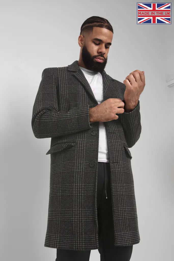 Mens Single Breasted Check Design Overcoat Coats & Jackets