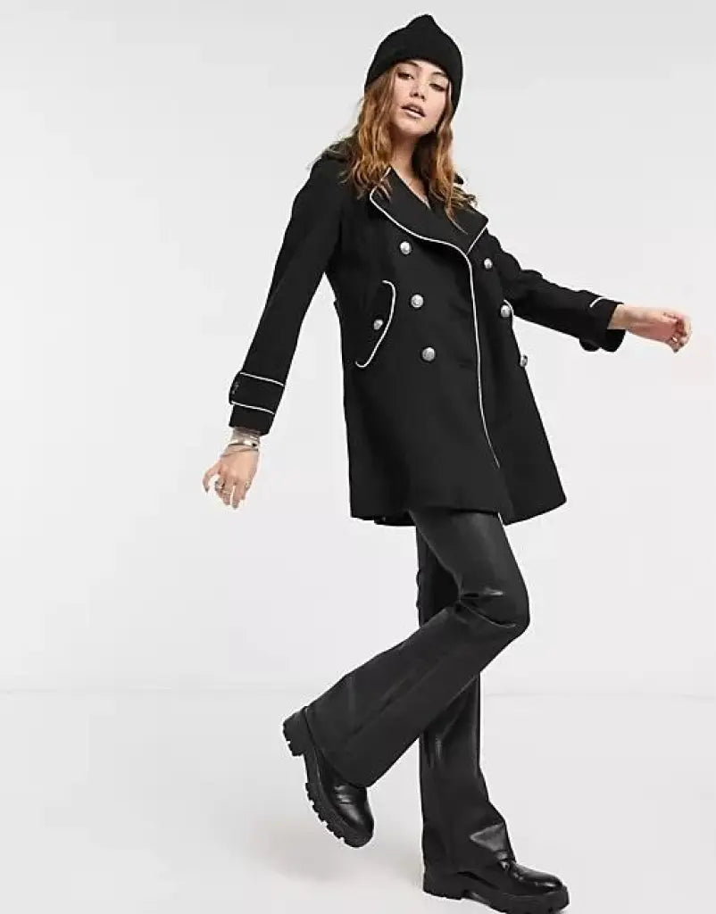 De La Creme - Womens Military Coat With Contrast Buttons Black / Uk 8/eu 36/us 4