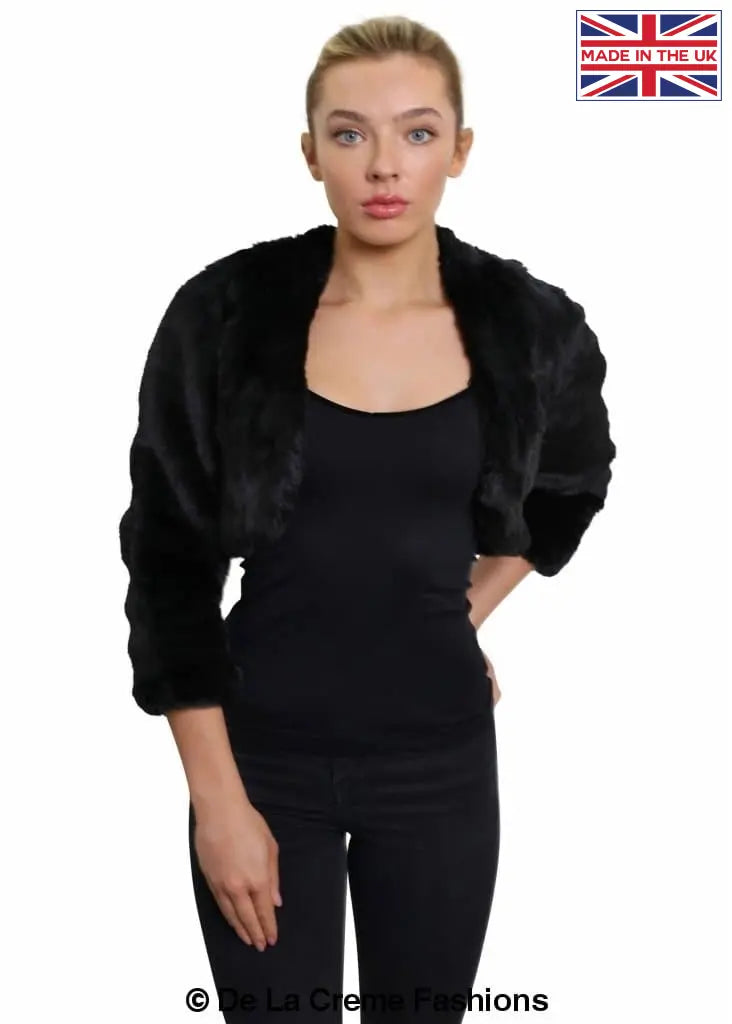 De La Creme - Womens Open Front Faux Fur Bolero Shrug Ladies Cropped Jacket