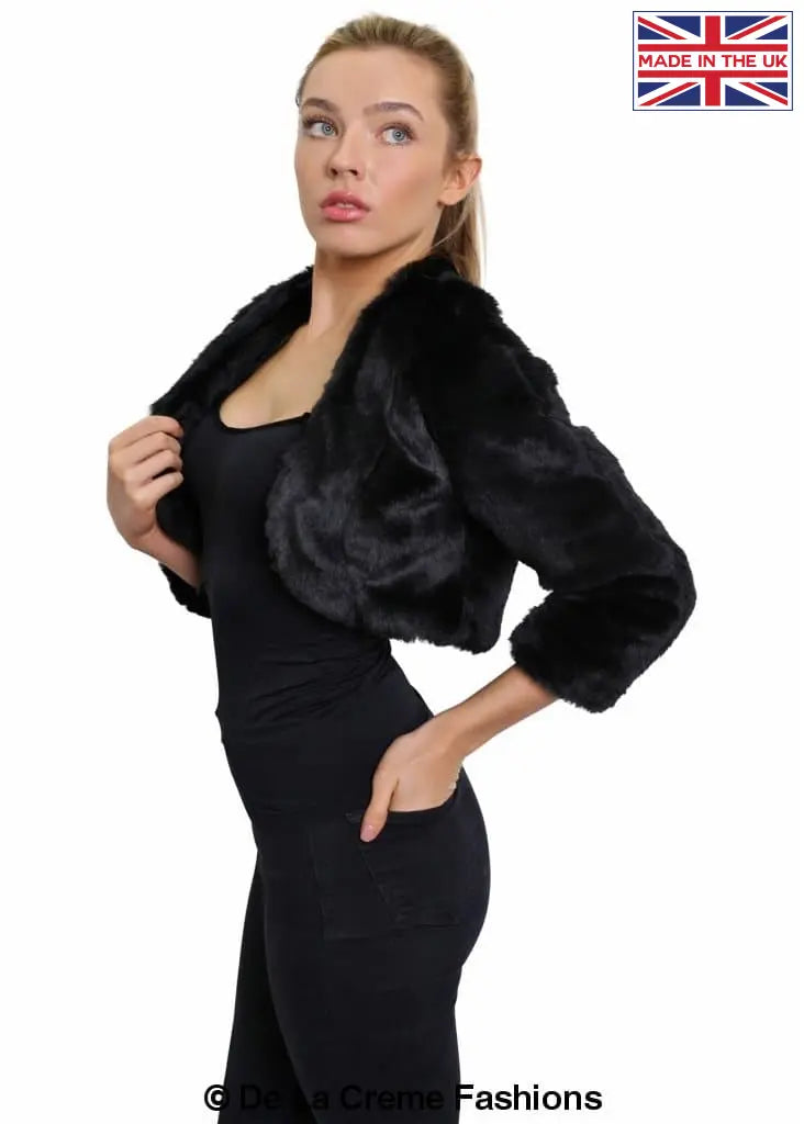 De La Creme - Womens Open Front Faux Fur Bolero Shrug Ladies Cropped Jacket