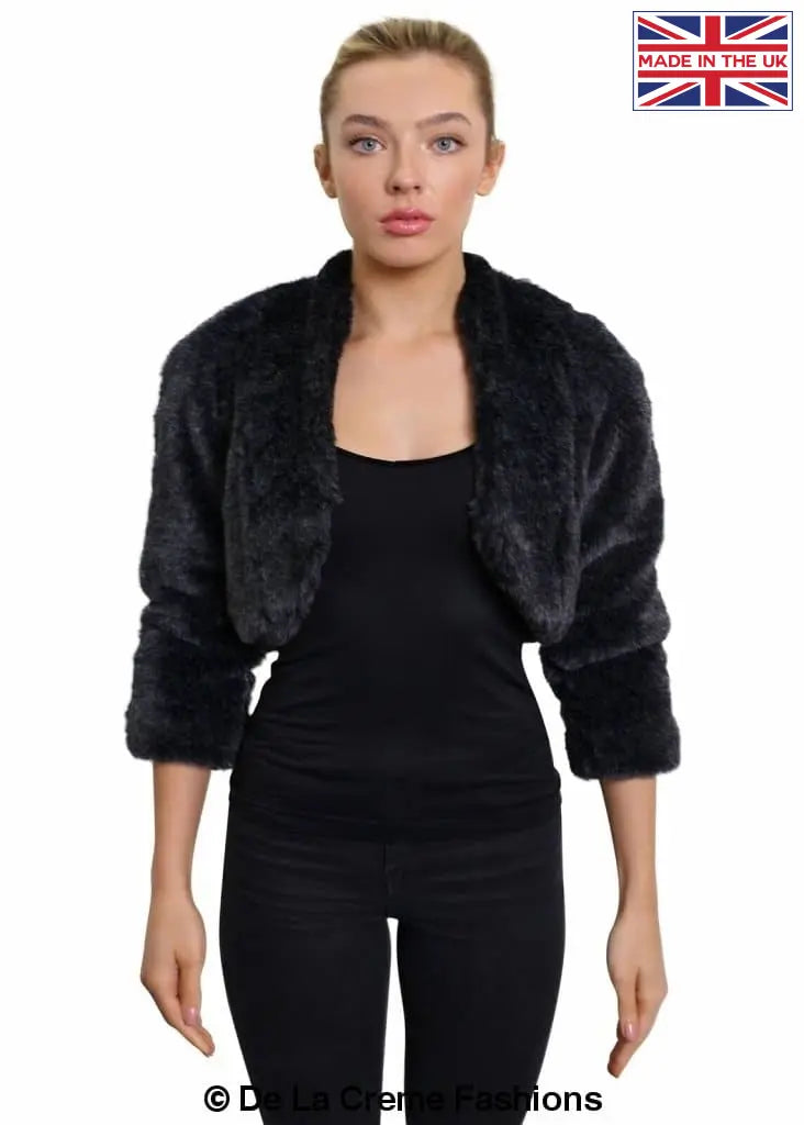 De La Creme - Womens Open Front Faux Fur Bolero Shrug Ladies Cropped Jacket