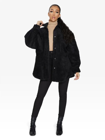 Oversized Patch Pocket Borg Teddy Shacket Black / One Size (Fits Uk 8 - 14)