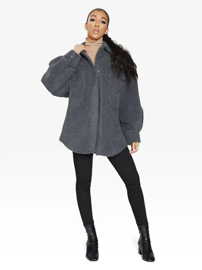 Oversized Patch Pocket Borg Teddy Shacket Grey / One Size (Fits Uk 8 - 14)